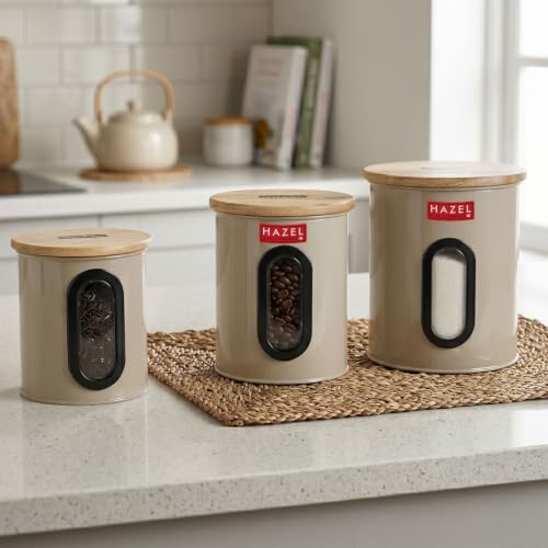 Image of HAZEL Airtight Container with See Through Window & Wooden Lid, Set of 3 | Kitchen Storage Canisters