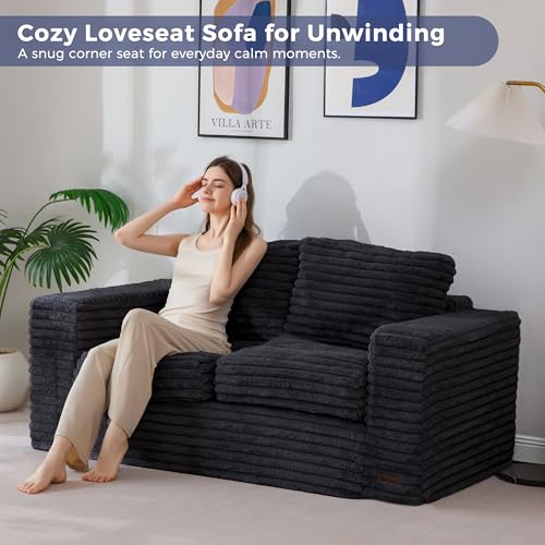 Image of MAXYOYO Loveseat Sofa Couch, Upholstered Bean Bag Chair Cloud Seat for Adults, Boneless Couch with Cushion & Pillows, Sofa in A Box, No Assembly Required, Faux Fur Black