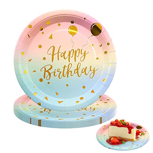 INHEMING 25 Pièces Assiettes en Carton Joyeux Anniversaire,Assiettes Anniversaire Jetable Rondes en Papier,Assiettes Happy Birthday,Diamètre 23 cm,Arc en Ciel
