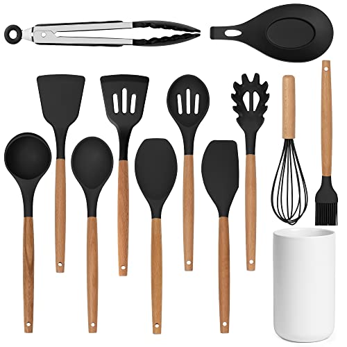 Kitchen Utensil Set, 13 pcs Non-Stick Silicone Cooking Utensils Spatula Set with Ceramic Holder (White Holder)