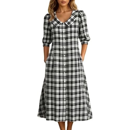 Robe midi femme à carreaux et col claudine rétro