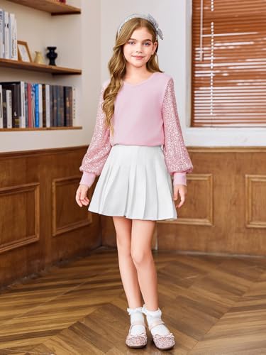 Image of Haloumoning Girls Sequin Shirts Kids Cute Long Sleeve V Neck Tops 5-14 Years
