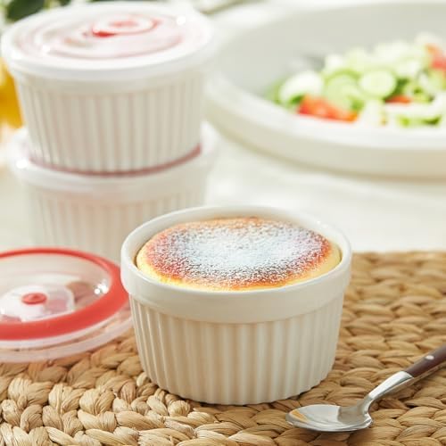 Miniatura 7 de Sweese Paquete de 6 moldes de porcelana de 8 onzas con tapas, platos de soufflé blancos para hornear, tazas de crema brulee, cuencos para natillas