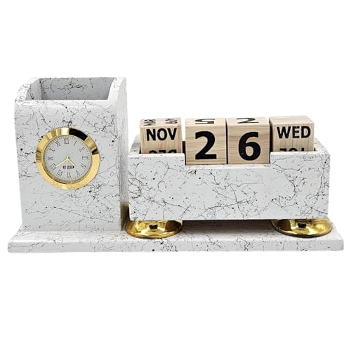 Image of WOOD HOUSE Wooden Pen Stand with Calendar & Mobile Stand for Office Table, Pen Holder 100 Years Calendar, New Year Calendar 2024 for Office Table | Lifetime Infinite Perpetual Desk Calendar (WH-62N)