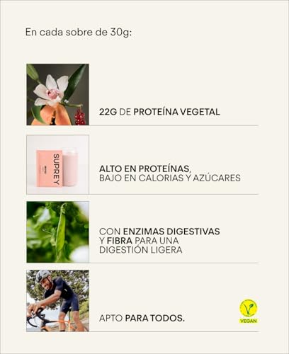 Miniatura 2 de Suprey Proteína Vegana Packs Individuales 30g 22g De Proteína Con Enzimas Digestivas Y Fibra Sin Gluten Ni Azúcar Añadido 600g, Frutos Rojos