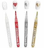Lot de Stylos Nail Art 4 Couleurs, Blanc Or Argent Rouge Stylo 3D pour French Manucure Design Précis Séchage Rapide pour Manucure DIY et Professionnelle Cadeau Femme Stylos à ongles Design d'ongles