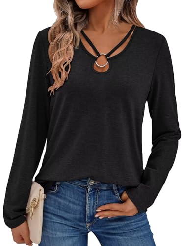 2025 Women's Long Sleeve Tops Keyhole Neck Detail Crew Neck Shirts Ring Cut Out Design Stretchy Tees (US, Alpha, Large, Regular, Regular, Black)