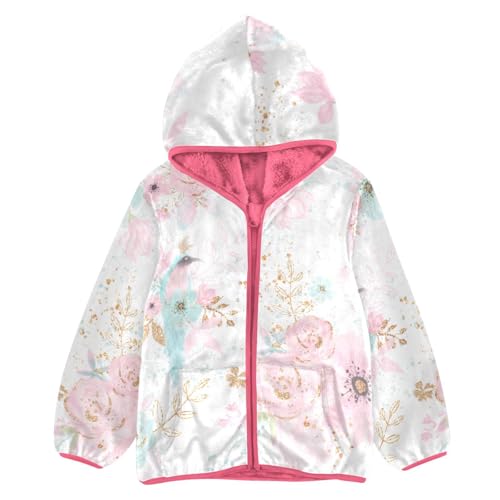 OTVEE Pink Floral Gold Leaves Kids Hoodie Jacket Fall Spring Full Zip Warm Outwear Coat