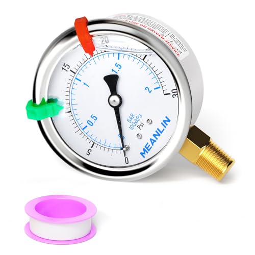 Image of MEANLIN MEASURE 0~30Psi Liquid Filled Pressure Gauge 1 /4 inch NPT 2.5 inch FACE DIAL Stainless Steel Glycerin Filled WOG Water Oil Air Lower Mount (with 2PCS Snaps)