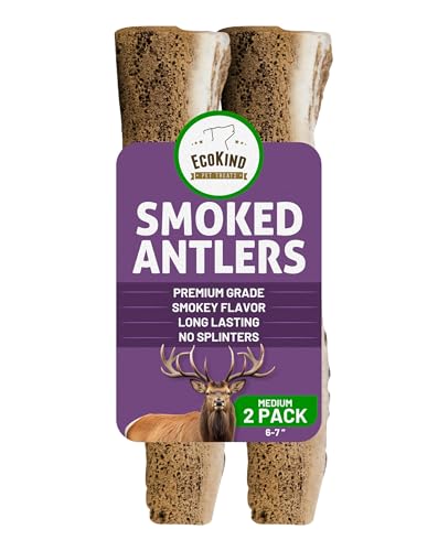 EcoKind Smoked Elk Antler Dog Chews – Natural Split Antlers, Long-Lasting Chew, Elk Antlers Treats for Medium Dogs Weighing 15-30 lbs, Splinter-Free, Supports Dental Health – 2 Medium Smoked Antlers