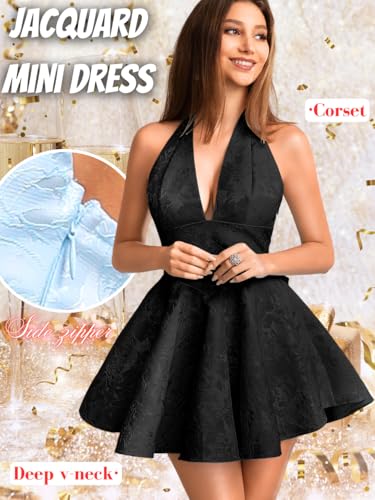 Image of ShawGobow Jacquard Corset Dress,Deep V Halter Mini Dresses with Bow Back,Sexy Birthday Outfits Women Homecoming Prom Formal