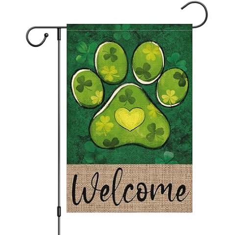 Wodison St Patricks Day Garden Flags for Outside 12x18 Inch Double Sided, Dog Paw Shamrocks Welcome Lucky Clover Yard Outdoor Holiday Flag Cover