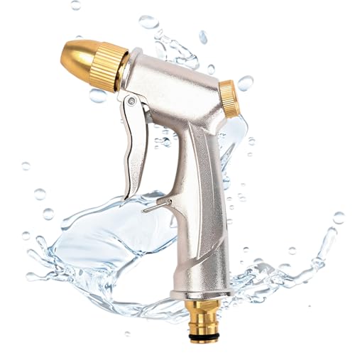 Garden Hose Spray Gun with Full Brass Nozzle, 100% Heavy Duty Metal Handheld Garden Hose Spray Gun, High Pressure Adjustable Nozzle with 4 Spraying Modes for Plants Watering, Car Washing, Pet Washing