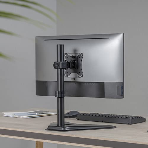 Jin Office Height Adjustable Monitor Stand Mount | Supports 13-32" Screens| Monitor Mount for Desk | Metal Black Powder Coated Single Arm Stand| Freestanding Mount| Tilt, Swivel and Rotation Features