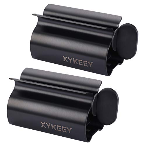 XYKEEY Toothpaste Tube Squeezer - Set of 2 Toothpaste Squeezer Rollers Metal Toothpaste Tube Wringer Seat Holder Stand (Matt Black)