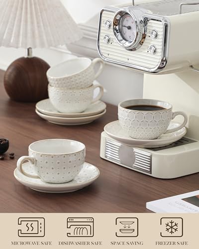 MALACASA 8 OZ Cappuccino Cups with Saucers Set of 4 - Ceramic Stackable Tea Cups and Saucers, Embossment Coffee Mugs for Tea, Latte and Mocha, Dishwasher Safe, Arctic white - Thumbnail 4