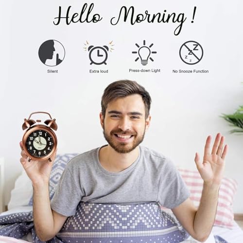 Image of KBR Super Loud Alarm Clock for Heavy Sleepers Adults,Twin Bell Retro 4 Inch Silent Non-Ticking Quartz with Backlight, Luminous dial, Alarm Clocks for Bedroom /Office Bedside (Copper)