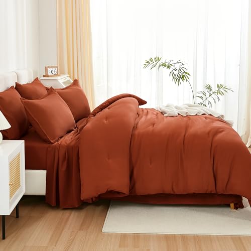 Litanika Burnt Orange Comforter California King Size Set - 7 Pieces Terracotta Bed in a Bag California King Bedding Comforter Sets, Plain Lightweight Bed Set