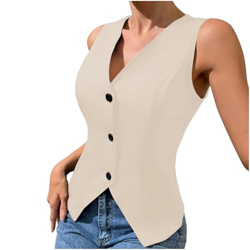 Women's Business Button Up V Neck Vest Summer Casual Fully Lined Sleeveless Jacket Waistcoat with Pocket