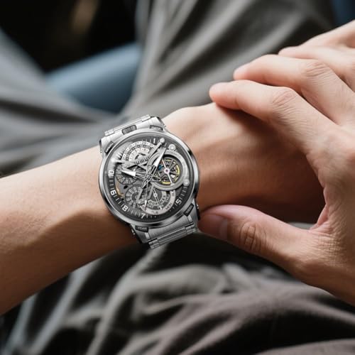 Image of OLEVS Silver Watches for Men Automatic Skeleton Mechanical Self Winding Luxury Dress Mens Watch Stainless Steel Waterproof Luminous Wirstwatch Gift for Male