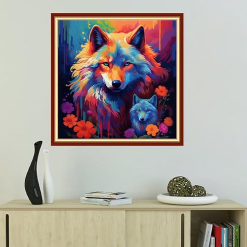 Image of Foxhool Beginners Cross Stitch Kits Stamped Full Range of Embroidery Kits for Adults DIY Cross Stitches kit Embroidery Patterns for Needlepoint kit-Rainbow Wolf 18x18 inch