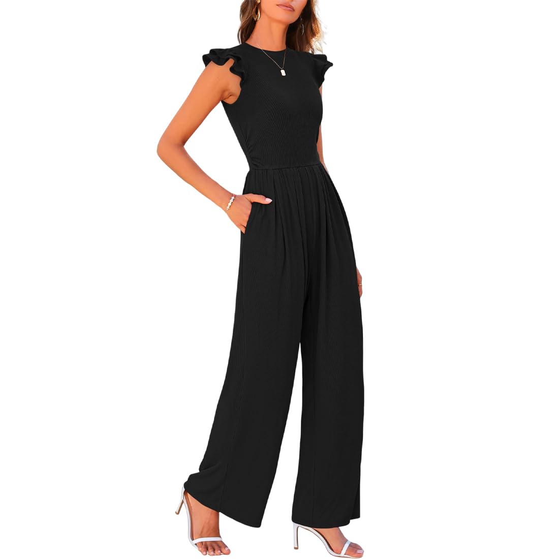 Femmes Combinaison sans Manche Col Rond Élégant Barboteuse Jumpsuit Pantalon Loose Casual Combishort avec Poches Pantalon Taille Haute Vêtements de Travail Jumpsuit