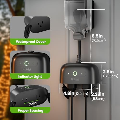 Image of GHome Smart Outdoor Plug Wi-Fi Outlet, Dual Individual Sockets Smart Plug with IP64 Waterproof, Works with Alexa Google Assistant & SmartThings, No Hub Needed for Smart Home Control, 2.4G WiFi Only