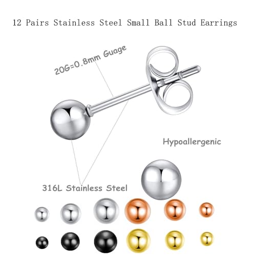 12Pairs 20G Mix Color Stainless Steel Ball Stud Earrings for Men Women Minimalist Sphere Cartilage Piercing Studs Earrings,Ball Hypoallergenic Jewelry,Mini Ball Earrings2