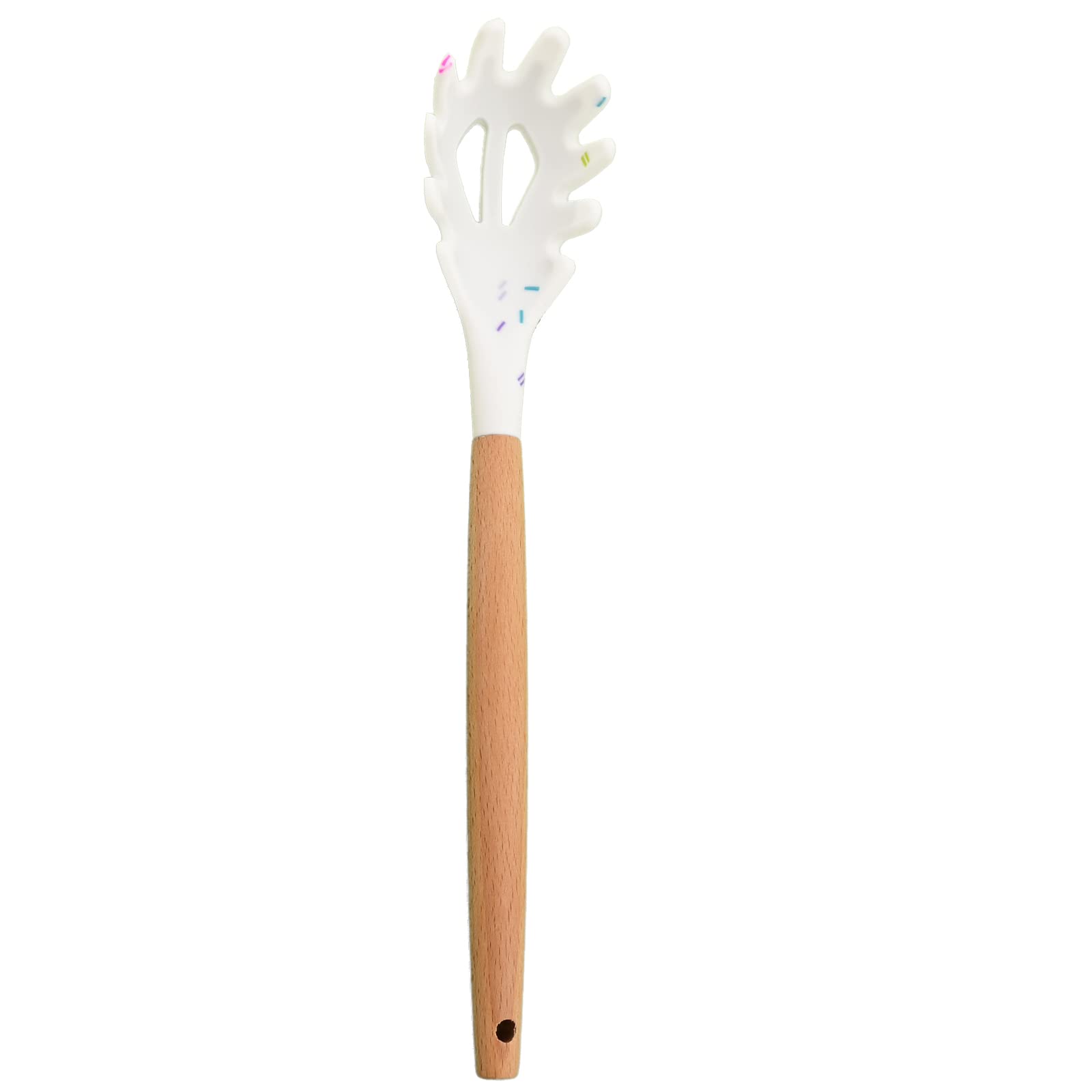 BRIIEC 1pc White with Colored Particles Pasta Spoons Silicone Pasta Server with Teeth, Wooden Handle Pasta Fork Kitchen Utensils, Heat Resistant for Pasta Noodle Spaghetti Strainer