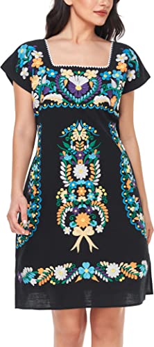 Image of YZXDORWJ Women Mexican Embroidered Dress Ruffle Collar Sleeveless