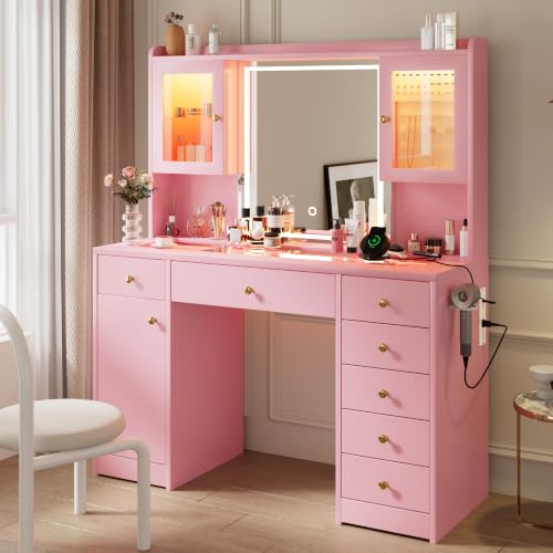 Image of iPormis Vanity Desk with Mirror and Lights, Glass Top Makeup Vanity with RGB Light and Power Outlet, Dressing Table Mirror with 3 Lighting Colors, 7 Drawers, 3 Cabinets, Pink Vanity for Bedroom