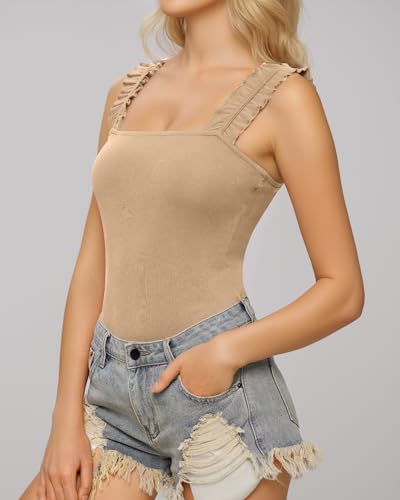 Image of MANGOPOP Tank Tops Bodysuit for Women Square Neck Sleeveless Ruffle Elastic Straps body suit shirts, Mocha, Small