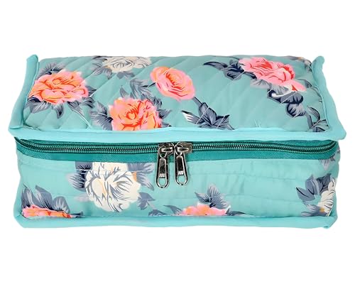 Image of Kuber Industries Flower Printed Portable Cotton Jewellery Organizer /Case /Bag With 6 Transparent Pockets (Green)