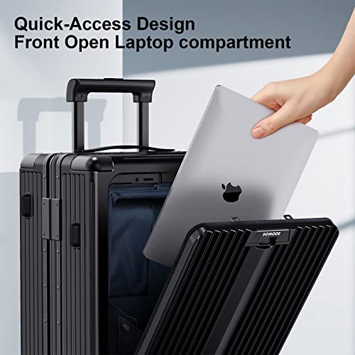Somode Airline Approved Carry On Luggage With Spinner Wheels,Aluminum Framed Carry On Suitcase With Front Open Laptop Compartment/Pocket 22×14×9 Inch Large Checked-In Luggage(Black) #TOP2