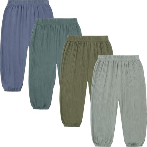 Image of GFQLONG Toddler Boy Linen Pants Girl Cotton Summer Loose Pant for Kid 2-6T | 4 pack toddler pants,light,lightweight,thin,muslin,baggy,gauze,wide leg,barrel,plain,harem bloomers for little boys