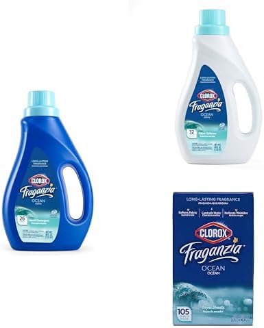 Clorox Fraganzia Laundry Care Essentials Bund Detergente líquido océano, 40 onzas líquidas, suavizante de telas, 40 onzas líquidas y 105 hojas de