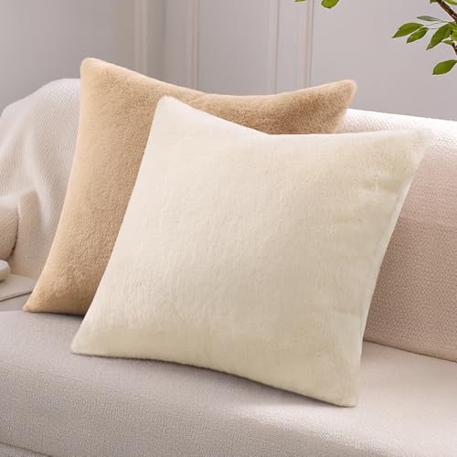 Pallene Faux Fur Plush Throw Pillow Covers 26x26 Set of 2, Soft Fluffy Couch Pillow Covers for Living Room, Khaki