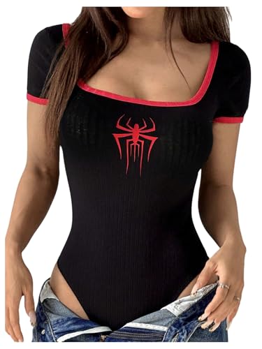 SHENHE Womens Spiderweb Graphic Thong Bodysuits Short Sleeve Square Neck Fitted Tshirt Bodysuit Black Large