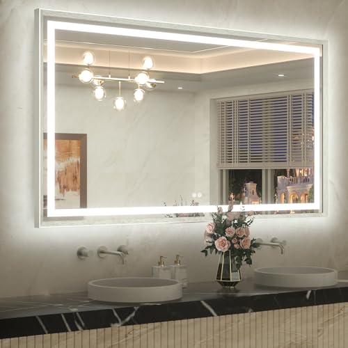 Image of TETOTE 60 x 36 Large Bathroom Mirror Brushed Nickel Metal Frame Frontlit & Backlit Vanity Mirror 3 Colors White /Warm /Natural Stepless Dimmable Anti-Fog Bathroom Mirrors for Vanity Wall-Mounted
