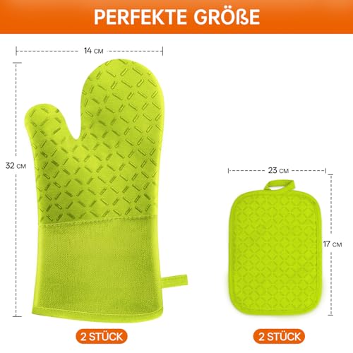 MILcea Ofenhandschuhe Topflappen Topfhandschuhe 4er Set - Ofenhandschuhe Hitzebestaendig bis 300°C, Rutschschutz, Verlängern, Weich, Backhandschuhe Kochhandschuhe Oven Gloves, Grün