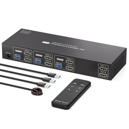 PVBCTCSID HDMI KVM Switch 3 Computers 2 Monitors 4K60Hz EDID for 3 PC Share Dual Monitor and 4 USB 3.0 Port with Controller