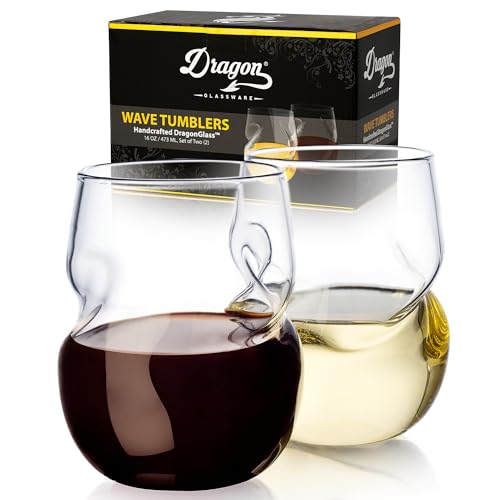 Dragon Glassware Stemless Wine Glasses - 16 oz Clear Short Wine Glasses Set of 2 with Finger Indentations - Aerates Naturally