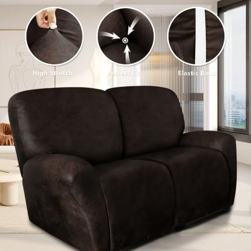 Image of ANARACHON Leather Look Loveseat Recliner Covers Stay in Place 6-Piece Recliner Sofa Slipcover 2 Seater Reclining Couch Cover Furniture Protector Spandex Fabric Washable (Recliner Loveseat,02Coffee)