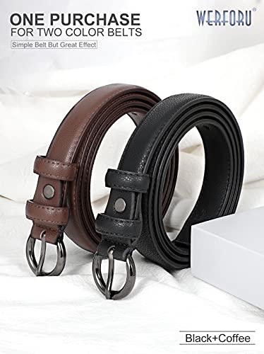 WERFORU 2 Pack Women Leather Belt Waist Skinny Dress Belts Solid Pin Buckle Belt for Jeans Pants,Black+Coffee, Pants Size 23-29 inches - Thumbnail 2
