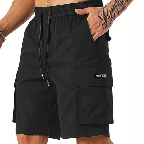 Black Cargo Shorts Men Elastic Waist Hiking Running Bermuda Shorts Knee Length Lightweight Loose Comfy Short Pants with Multiple Pockets Classic Baggy Drawstring Casual Summer Clothes for Men 2025