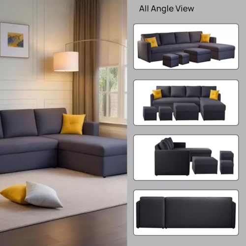 Image of FURNY Arno 8 Seater Fabric RHS Sectional L Shape Sofa Set with 1 Centre Table & 2 Ottomans (Dark Grey Color)