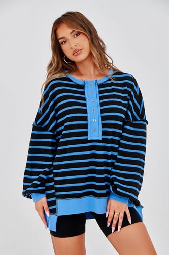 Tankaneo Womens Oversized Striped Sweatshirts Henley Shirts Color Block Casual Pullover Waffle Knit Tops Black Blue — view 2