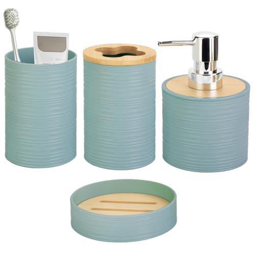 4 Pieces Bamboo Bathroom Accessories Set, Bathroom Accessory Set with Soap Dispenser and Toothbrush Holder, Soap Dish and Toothbrush Cup, Boho Bathroom Decor(Aqua)