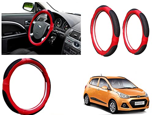 Image of Microfiber Car Steering Wheel Cover, Soft Padding Great Hand Feel, Anti-Slip, Faux Leather Steering Cover for Hyundai I10 Grand | Black Red Jali - Pack of 1