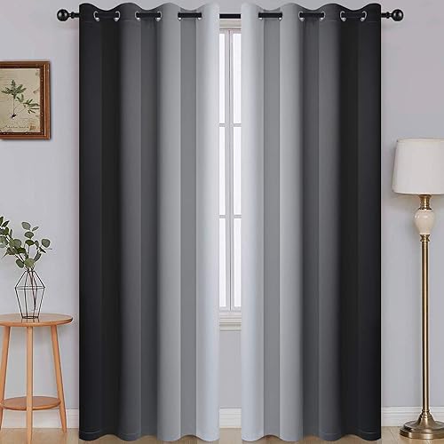 Image of SimpleHome Ombre Black to Grey White Curtains for Living Room 52Wx90L | Room Darkening Curtains for Bedroom,Gradient Light Blocking Curtain,Thermal Insulated Grommet Window Drapes,2 Panels,90 Inch